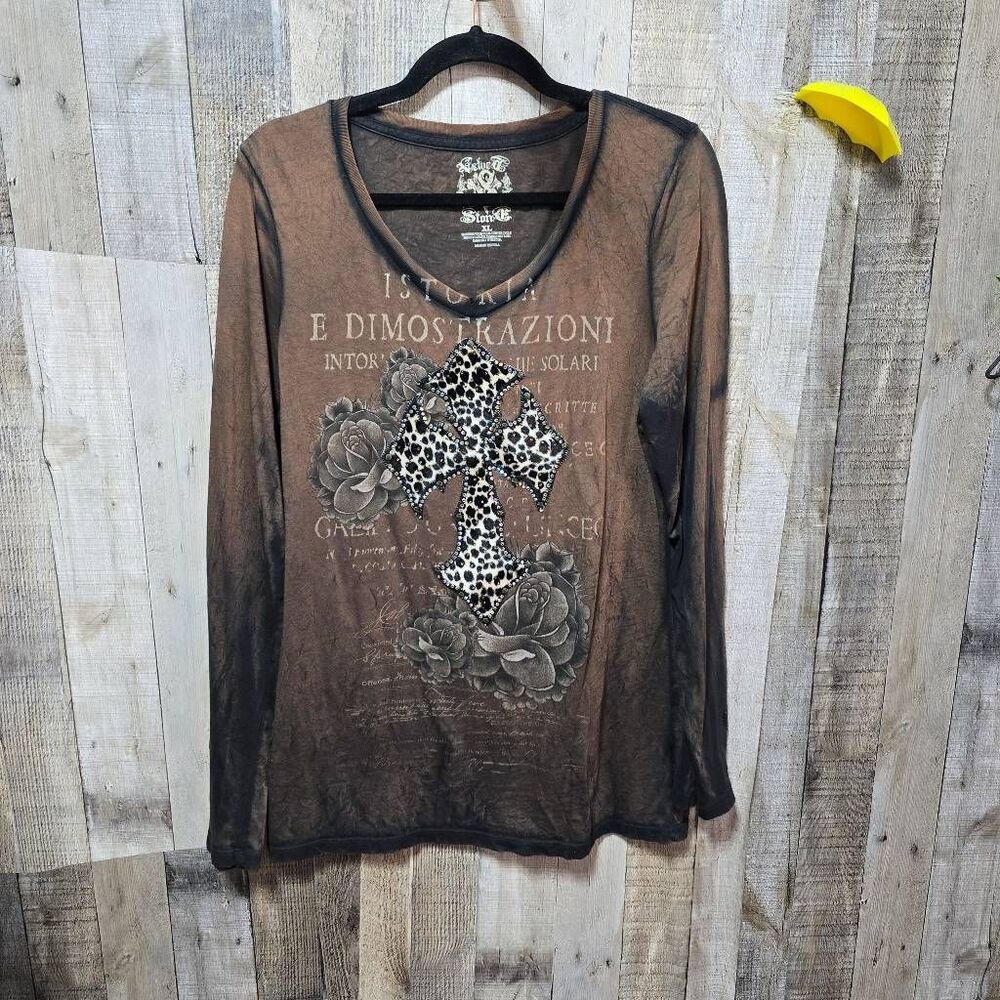 Velvet Stone Brown Graphic Cheetah Cross Tee Alternative Punk McBling